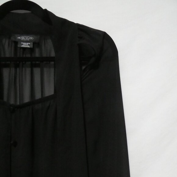 MICHEL STUDIO COLLECTION | size 16 | Black Sheer Button-Up Blouse With Neck Tie - Picture 5 of 14